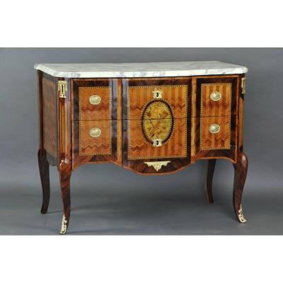 Transition Commode Sauteuse In Marquetry And Gilt Bronze