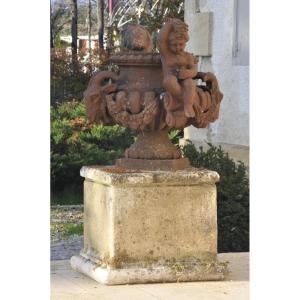 Large Cast Iron Vase With Bacchanalia Decor With Putti