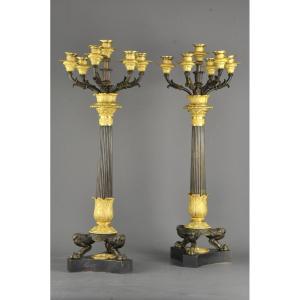 Important Pair Of Empire Candelabra In Gilt And Patinated Bronze