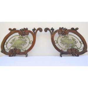 Pair Of Large Decorative Elements In Carved Wood And Wrought Iron