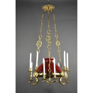 Large Rocaille Style Chandelier In Gilt Bronze With Red Opaline