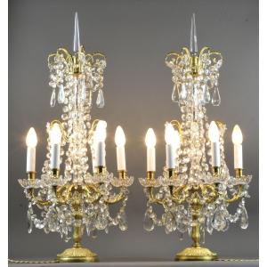 Pair Of Large Louis XVI Girandoles In Gilt Bronze And Crystal