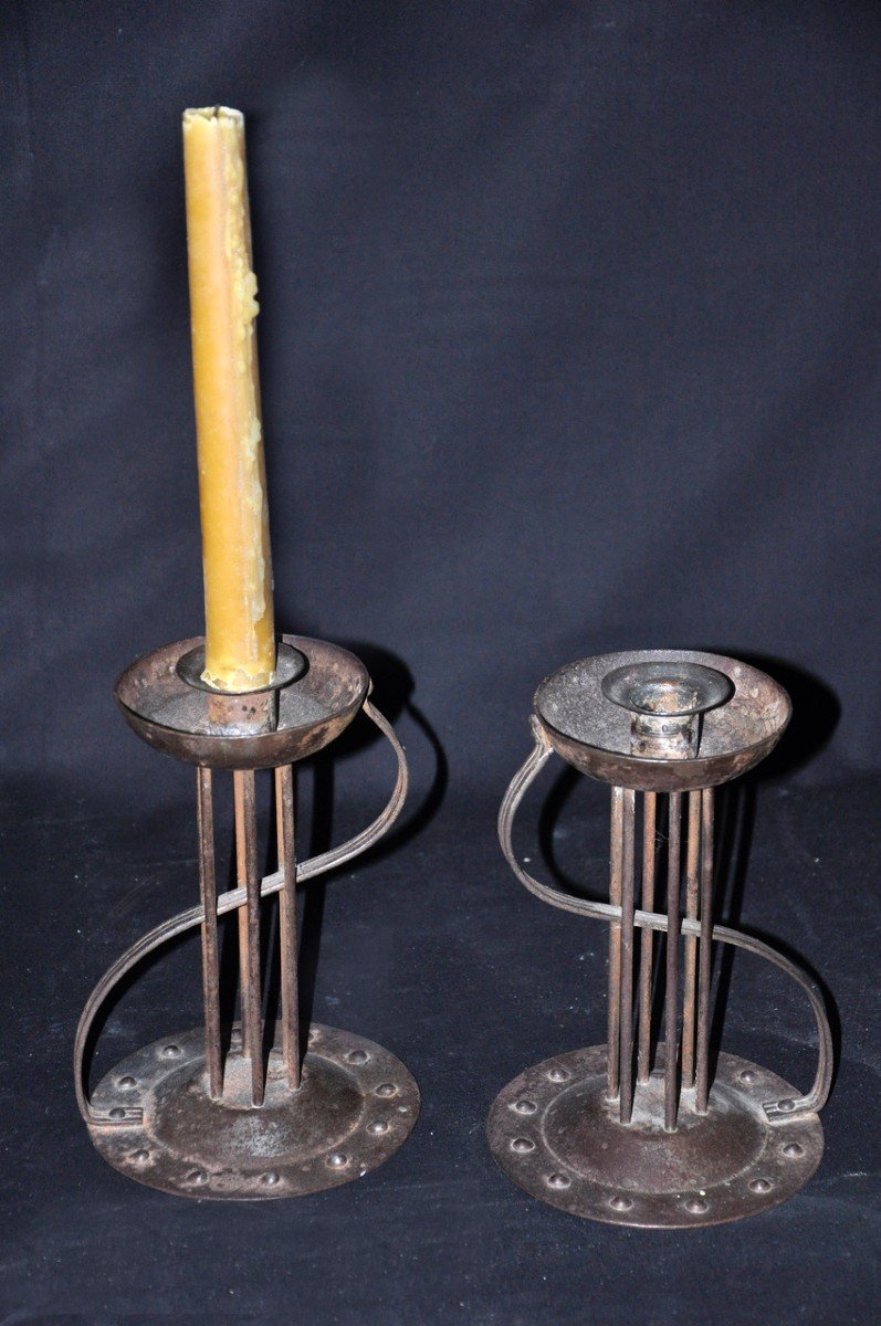 Pair Of Arts & Crafts Style Wrought Iron Candlesticks, Early 20th Century