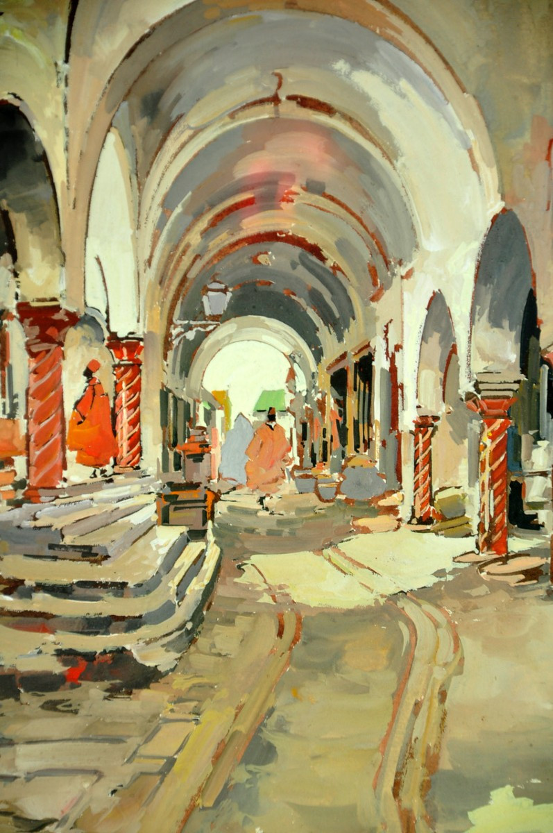 Gouache Signed Théophile Jean Delaye Representing A Lively Souk-photo-3