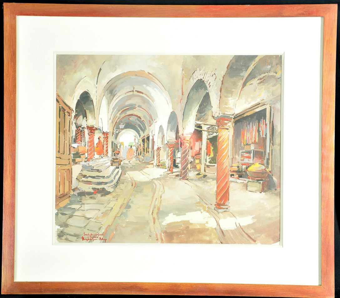 Gouache Signed Théophile Jean Delaye Representing A Lively Souk