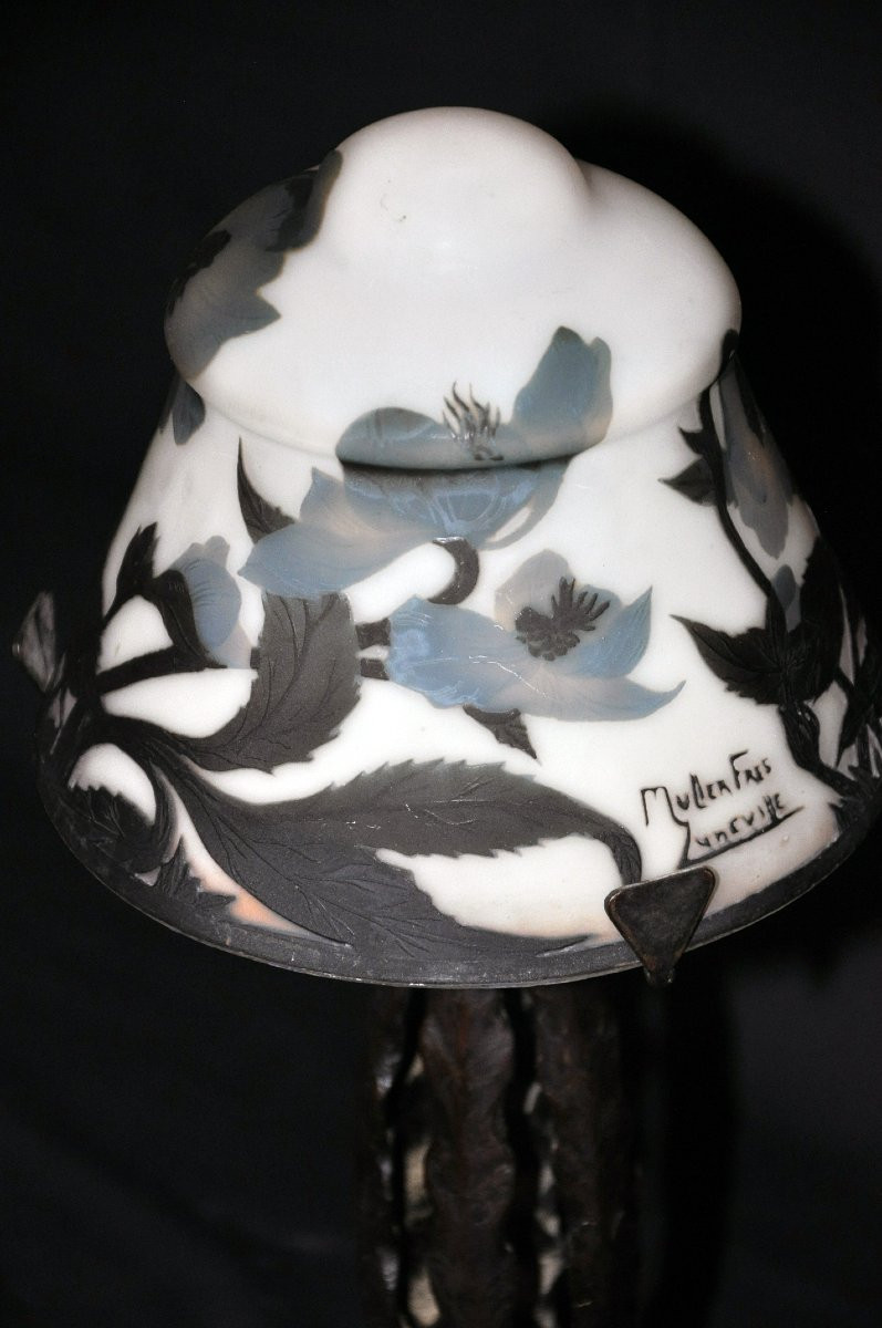 Lampe signée Muller Frères pâte de verre multicouche pied forgé dans le goût de Brandt-photo-3