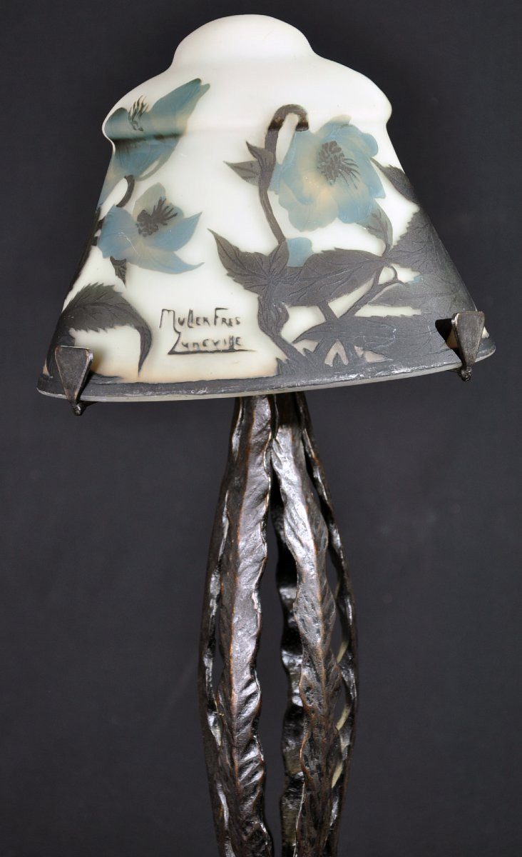 Lampe signée Muller Frères pâte de verre multicouche pied forgé dans le goût de Brandt-photo-1