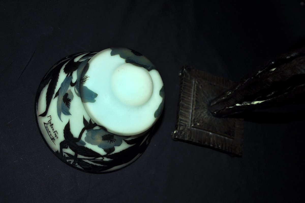 Lampe signée Muller Frères pâte de verre multicouche pied forgé dans le goût de Brandt-photo-3
