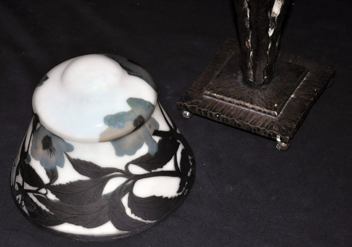 Lampe signée Muller Frères pâte de verre multicouche pied forgé dans le goût de Brandt-photo-5