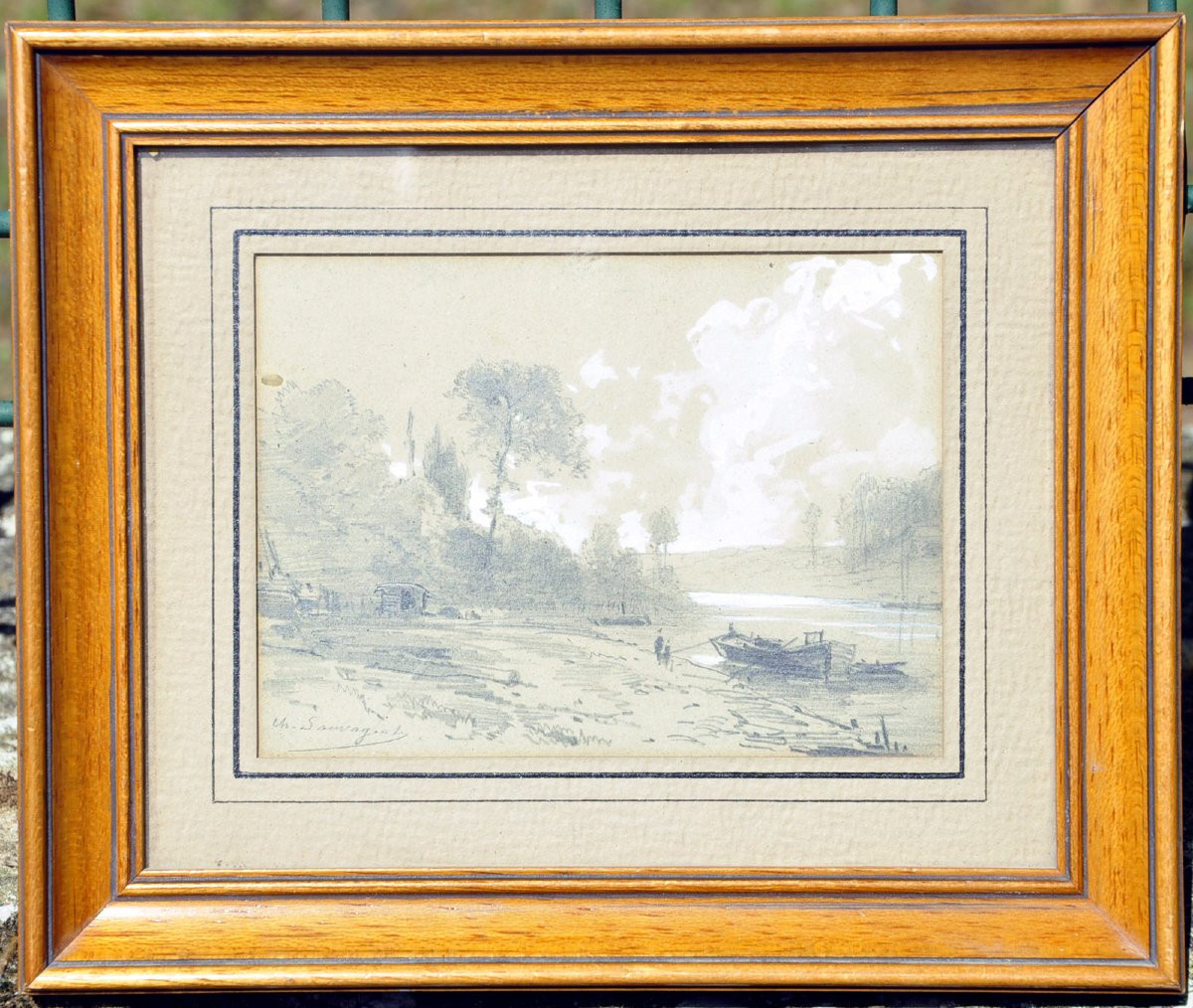 Charles-Théodore Sauvageot mine de plomb paysage fluvial -photo-2