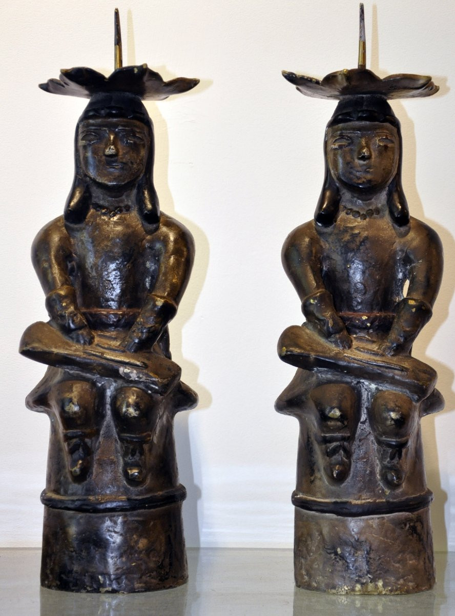 Pair Of Mexican Pre-columbian Style Bronze Candlesticks, 20th Century-photo-2