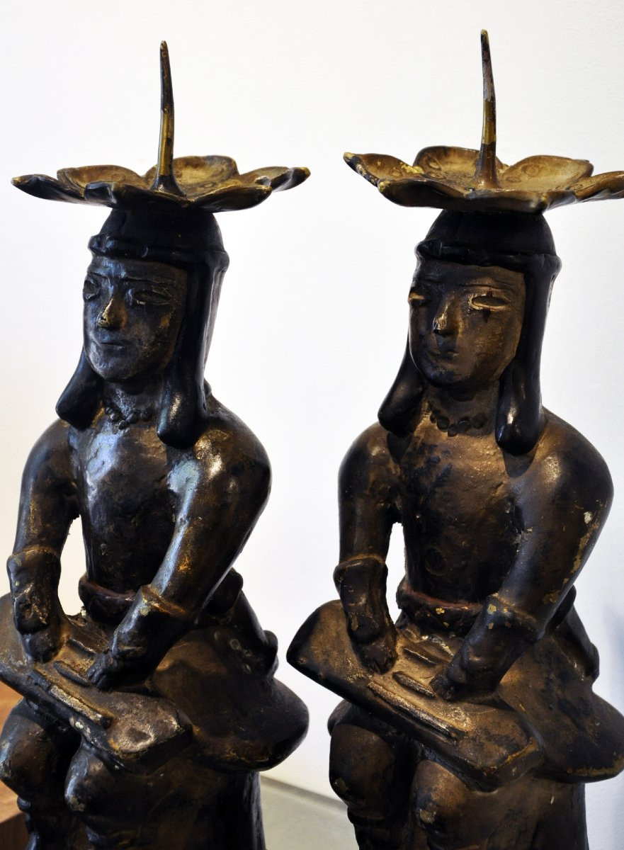 Pair Of Mexican Pre-columbian Style Bronze Candlesticks, 20th Century-photo-3