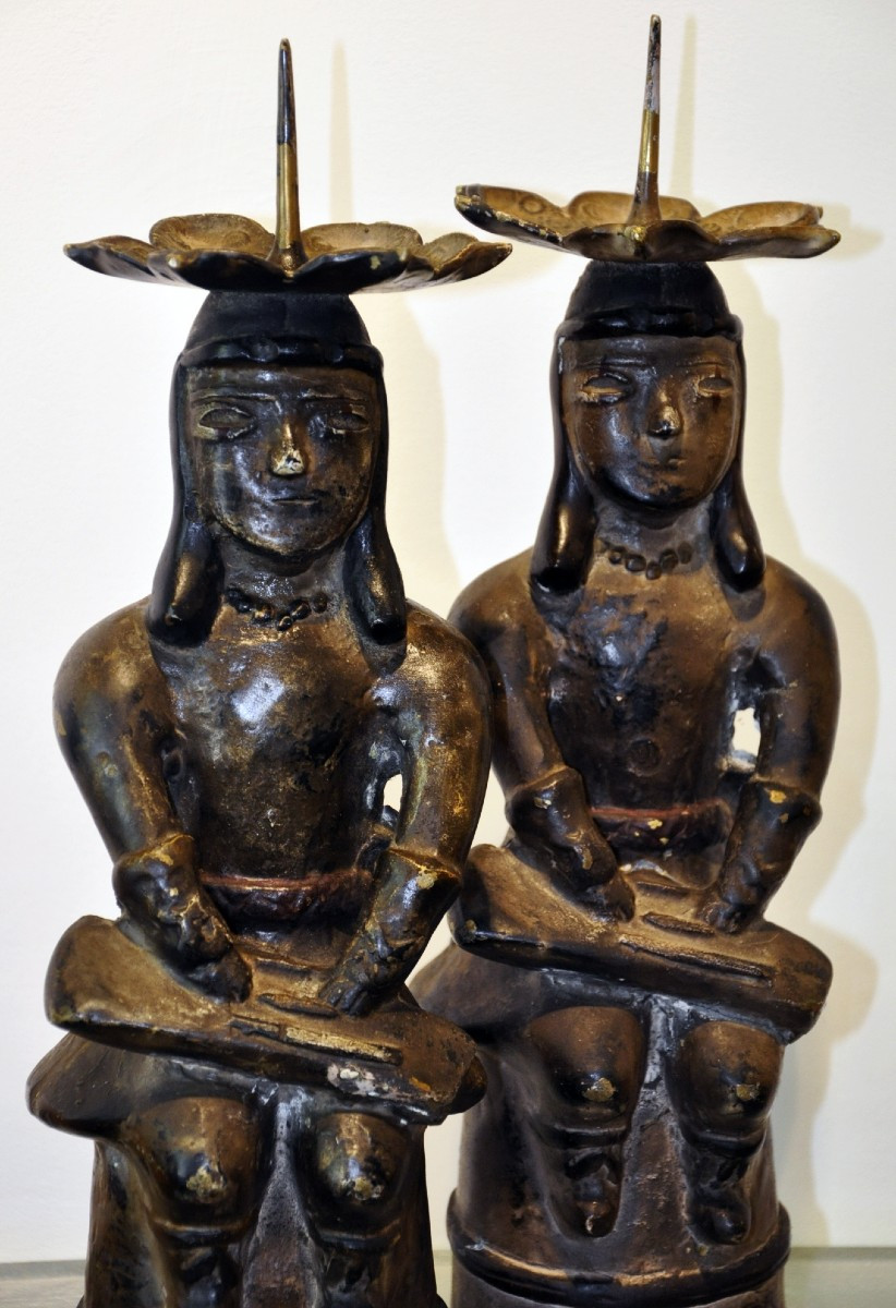 Pair Of Mexican Pre-columbian Style Bronze Candlesticks, 20th Century