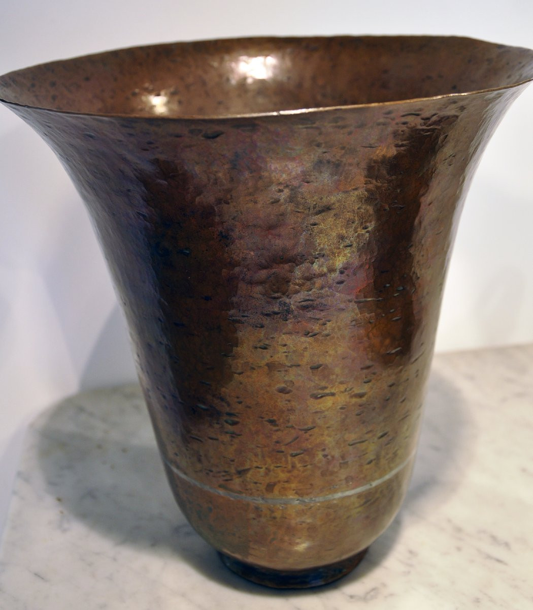 Claudius Linossier Art Deco Hammered Copperware Vase-photo-2