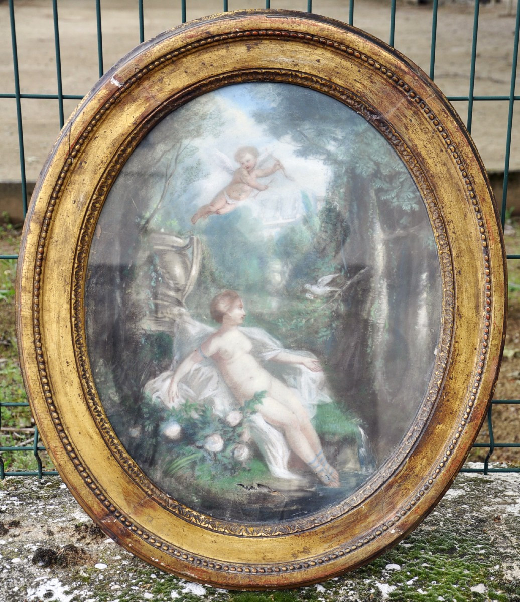 Pastel ovale XVIIIe siècle sur papier entoilé, scène champêtre