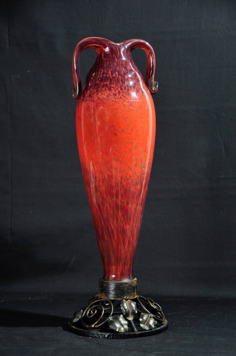 Glass Paste Vase Mounted On Wrought Iron Circa 1900-photo-2