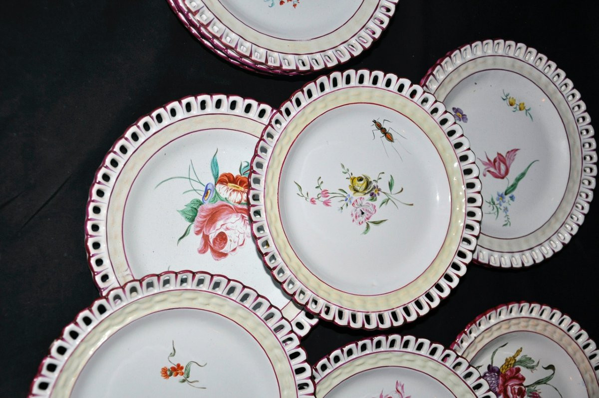 Saint-clément Set Of 12 Openwork Plates With Hand-painted Floral Decoration, French Earthenware, 20th Century-photo-4