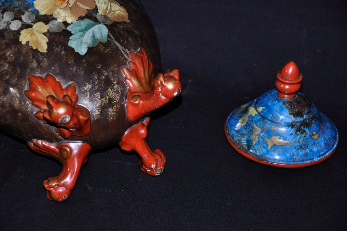 Gabriel Lemonnier Covered Vase In Enamelled Earthenware 19th Century-photo-1