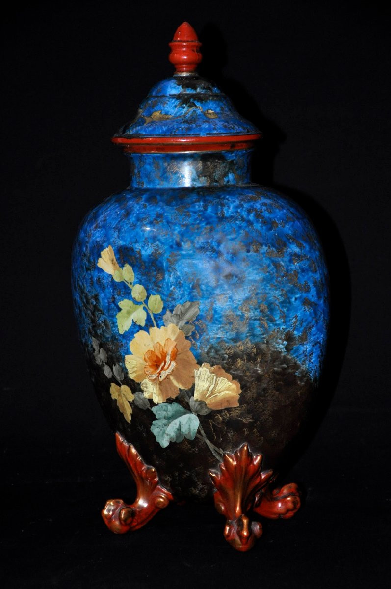 Gabriel Lemonnier Covered Vase In Enamelled Earthenware 19th Century-photo-3