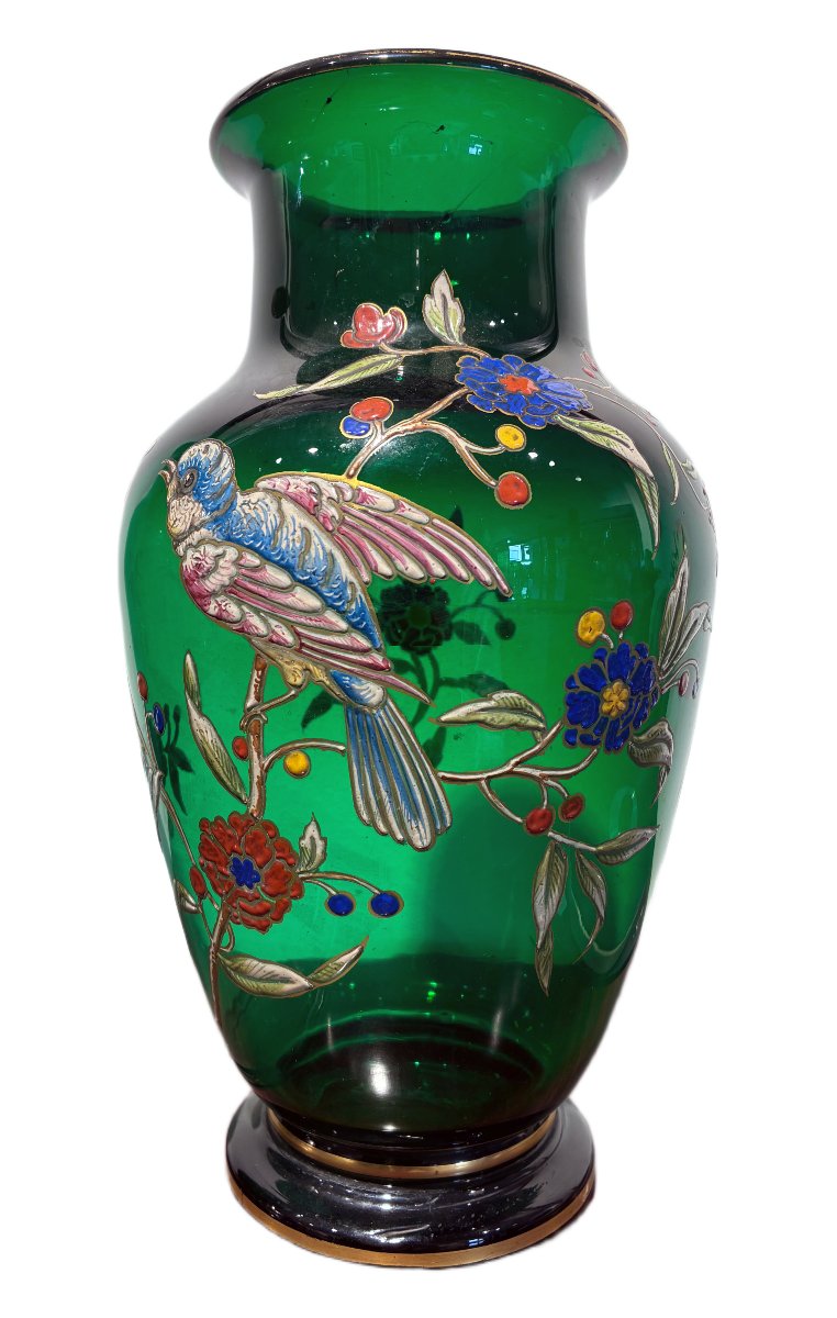 Paire de vases en verre vert émaillé fin XIXe siècle-photo-3