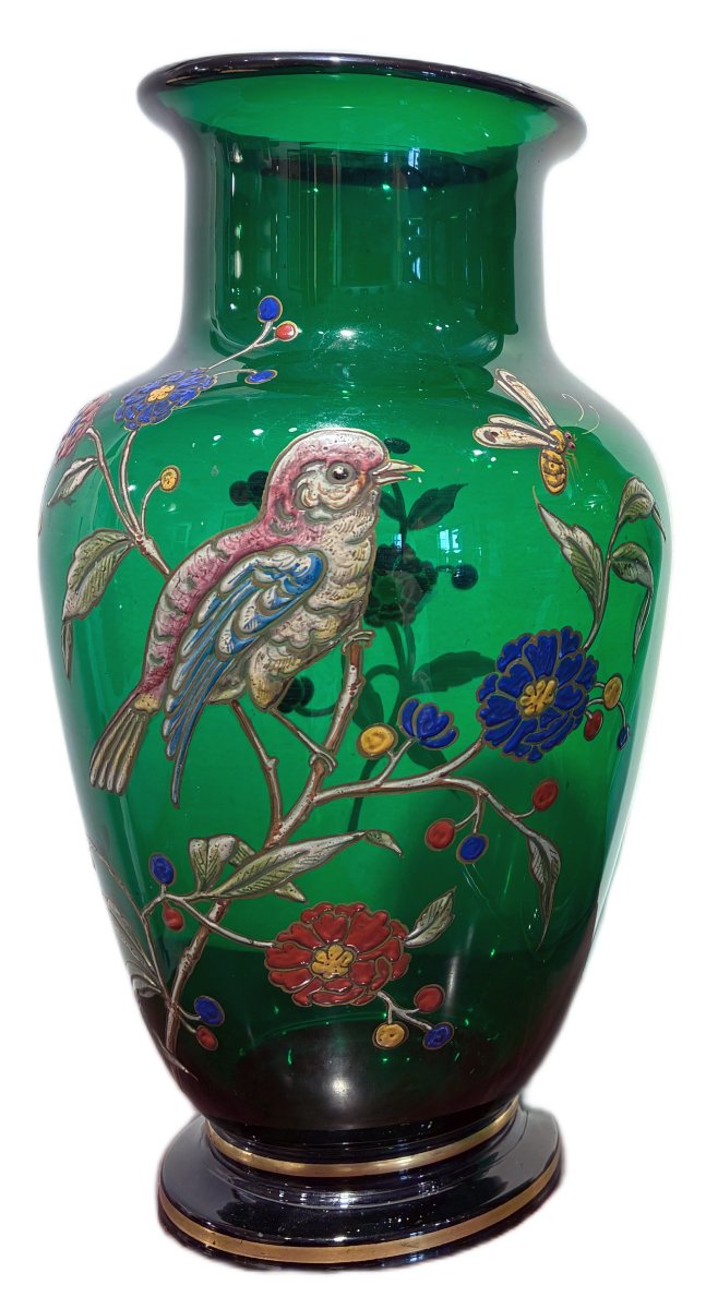 Paire de vases en verre vert émaillé fin XIXe siècle-photo-1