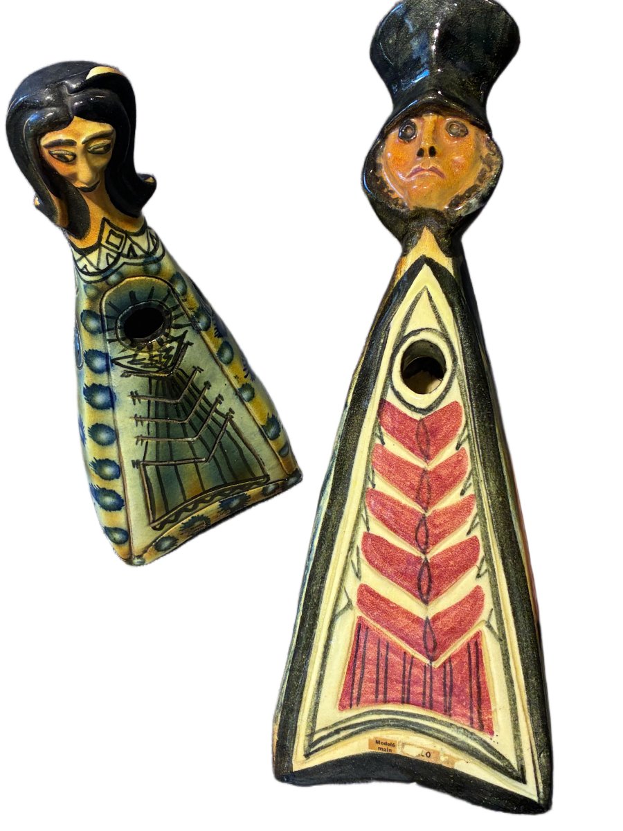 Accolay, A Set Of Two Anthropomorphic Glazed Ceramic Sculptures From The 1960s-photo-2