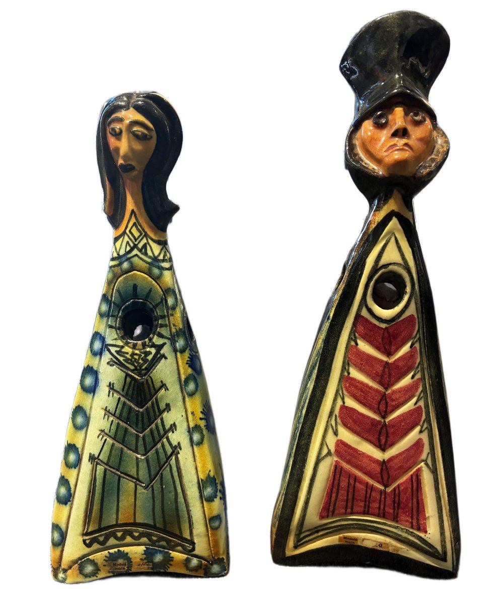 Accolay, A Set Of Two Anthropomorphic Glazed Ceramic Sculptures From The 1960s
