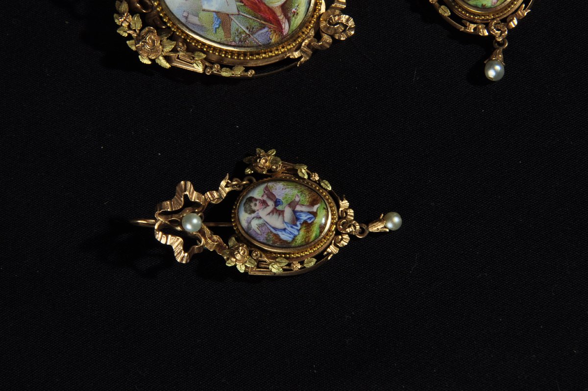 Pair Of Earrings And Matching Brooch In Gold And Enamel, Napoleon III Style -photo-3