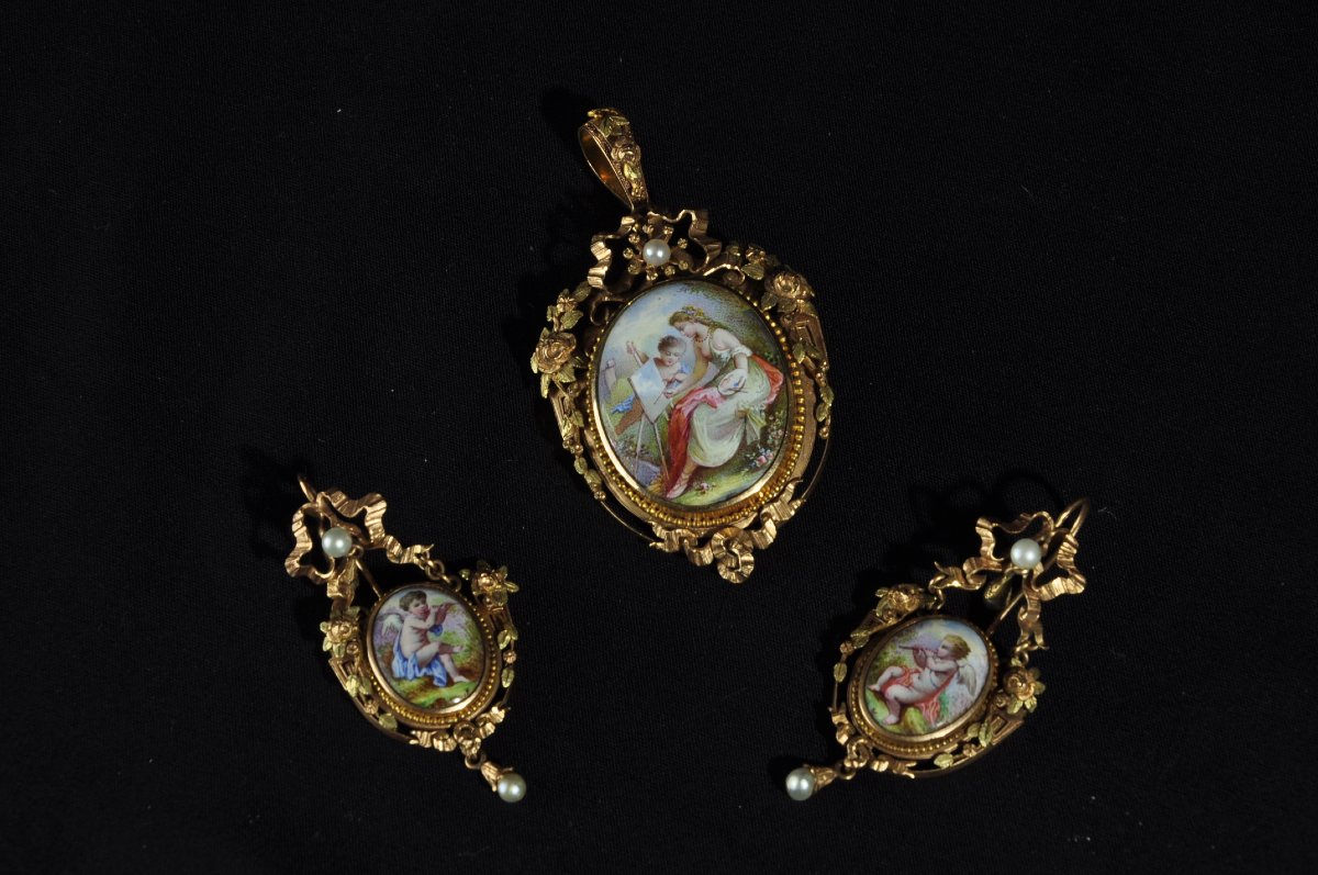 Pair Of Earrings And Matching Brooch In Gold And Enamel, Napoleon III Style -photo-4