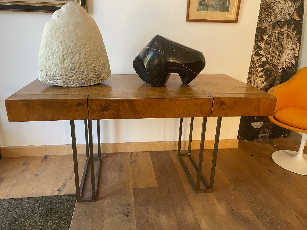 Desk / Console Table By Jean Claude Mahey, Elm Burl And Bronze 