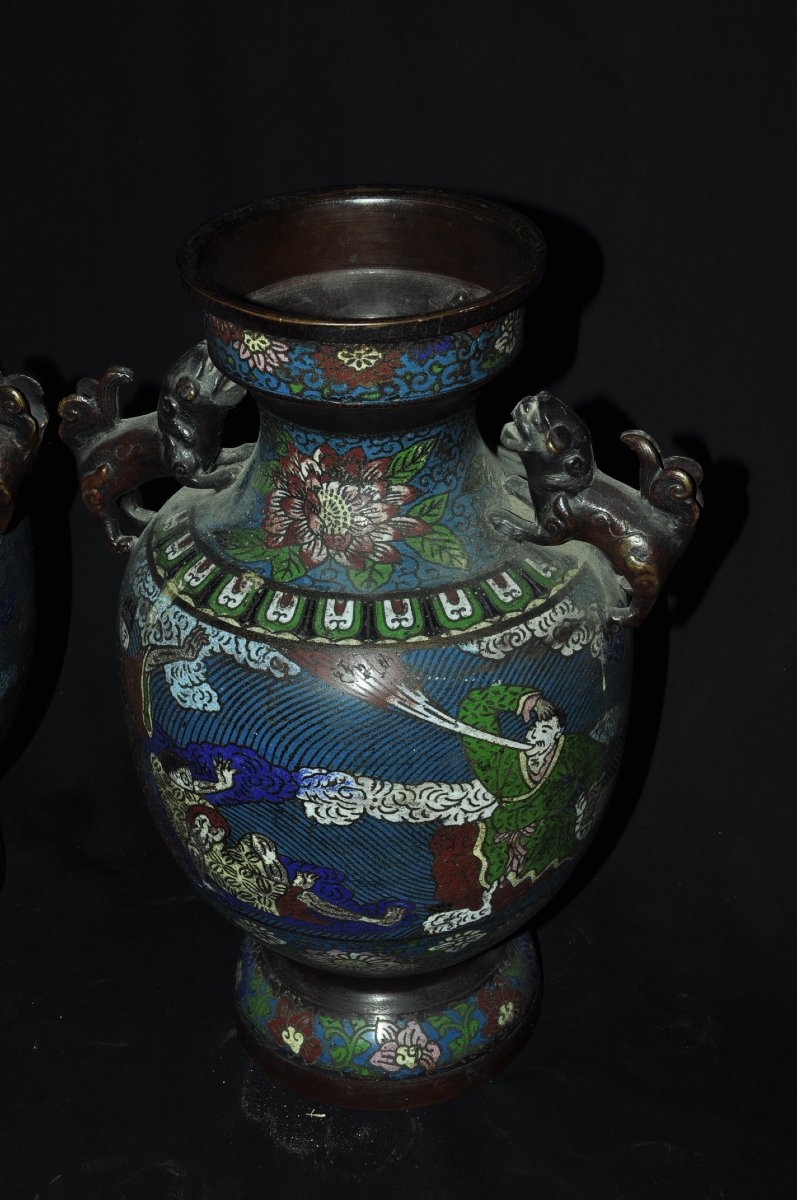 Pair Of Chinese Cloisonné Bronze Vases, Featuring Phô Dogs -photo-1