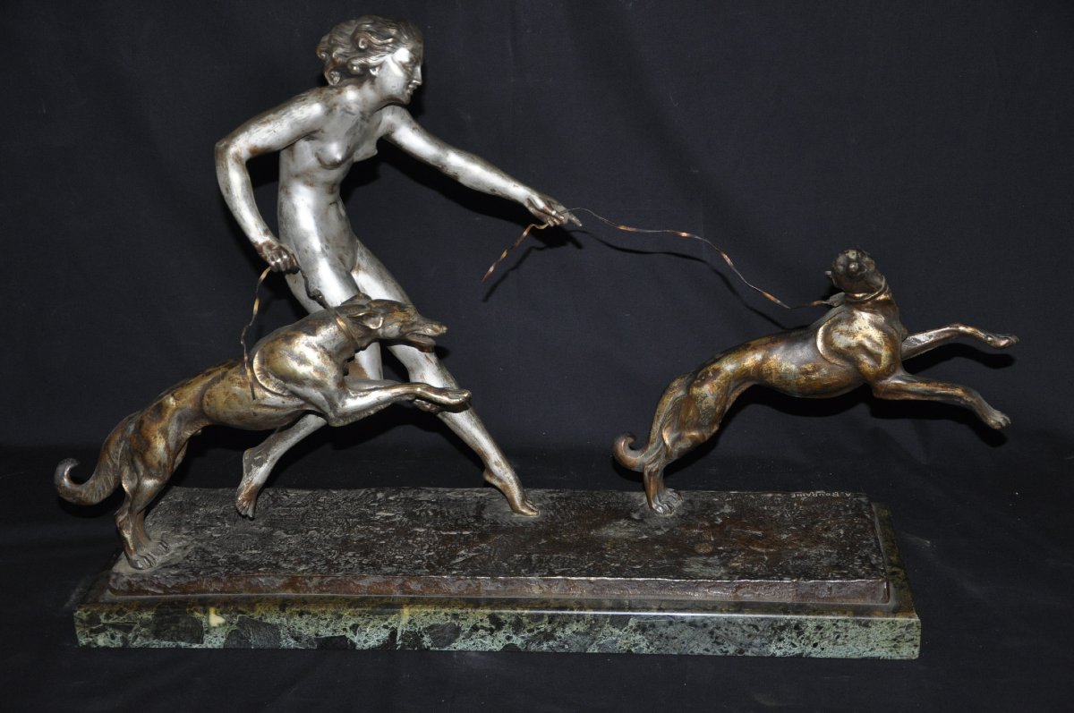 Bouraine, Marcel: Diane The Huntress And Her Two Greyhounds, Silver-plated Bronze  