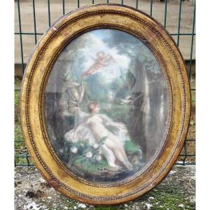 Pastel ovale XVIIIe siècle sur papier entoilé, scène champêtre