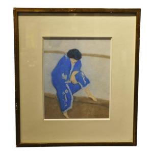 Pierre Boncompain pastel Femme en kimono bleu circa 1980