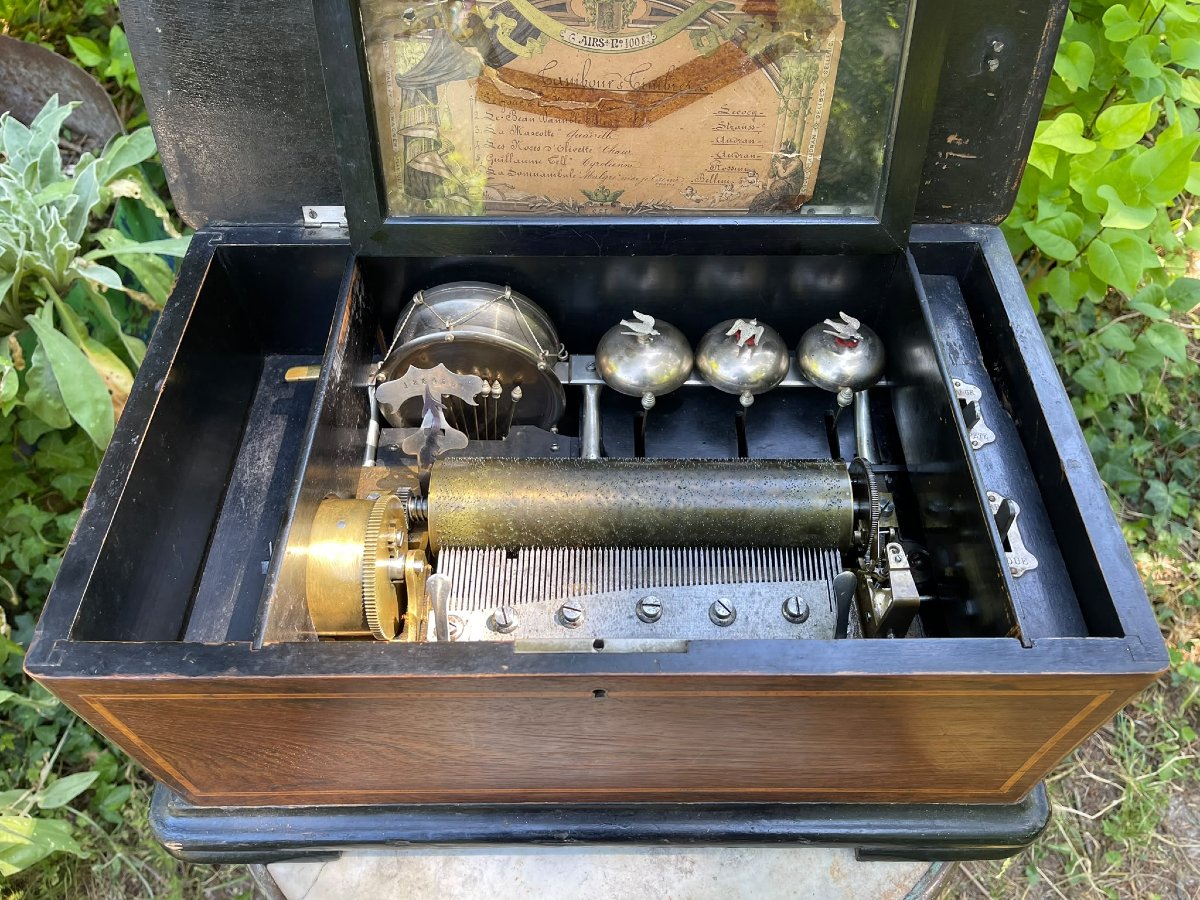 Antique Swiss Music Box With Stamps And Drum, 6 Melodies, Circa 1880