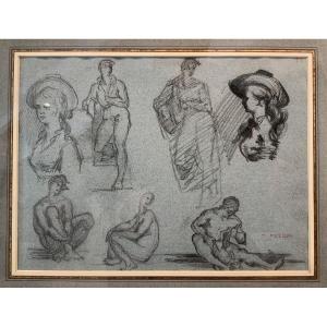 Denys Puech, dessin, plusieurs figures et études sur une même feuille.