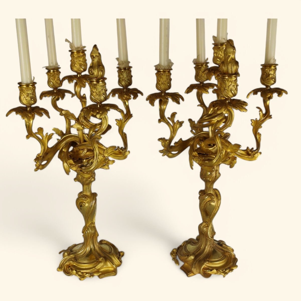 Paire de Grands Candélabres à Cinq Branches en Bronze Doré, d’après Meissonier-photo-2