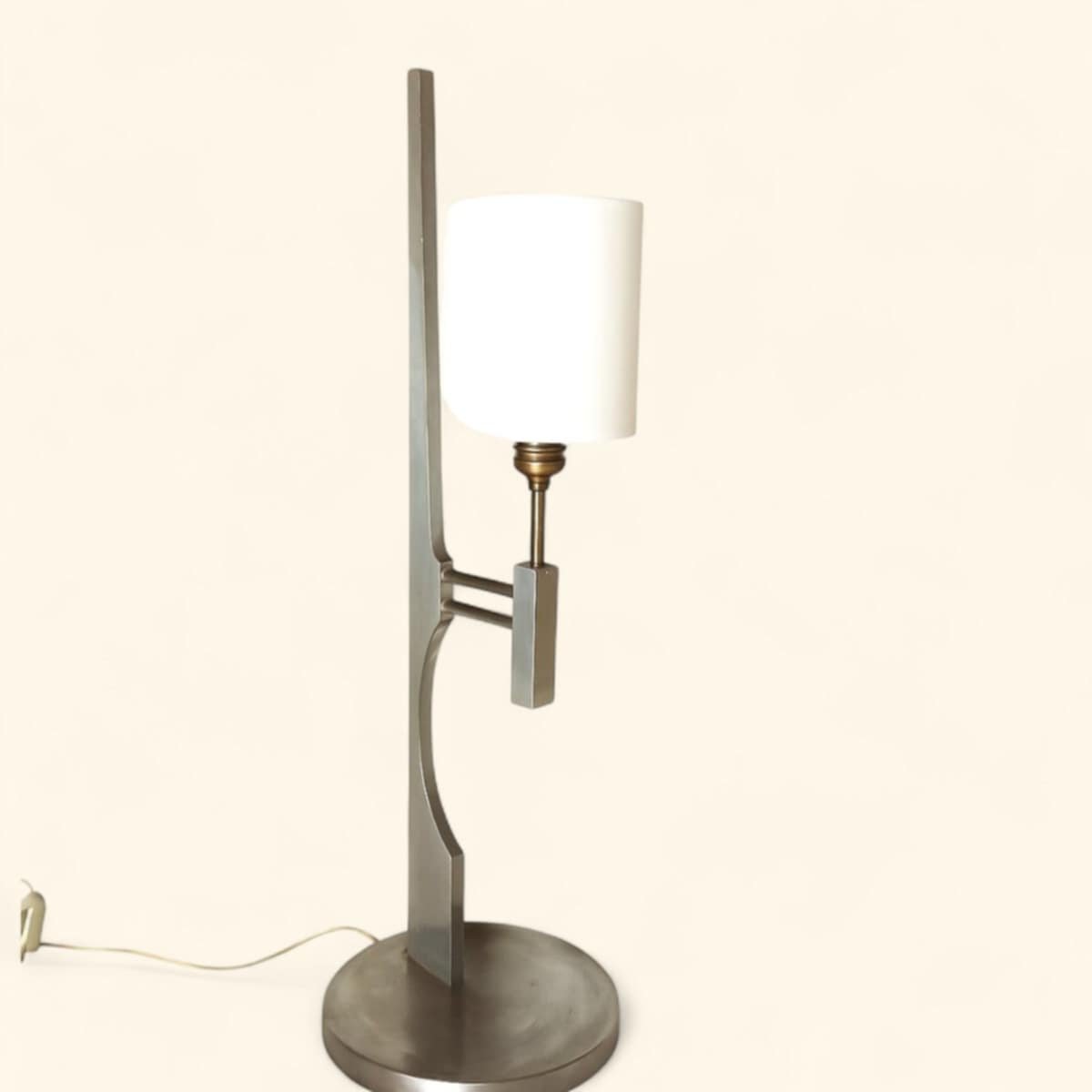 Rare Large Brushed Aluminum Table Lamp By Pierre Vandel (1946)-photo-4