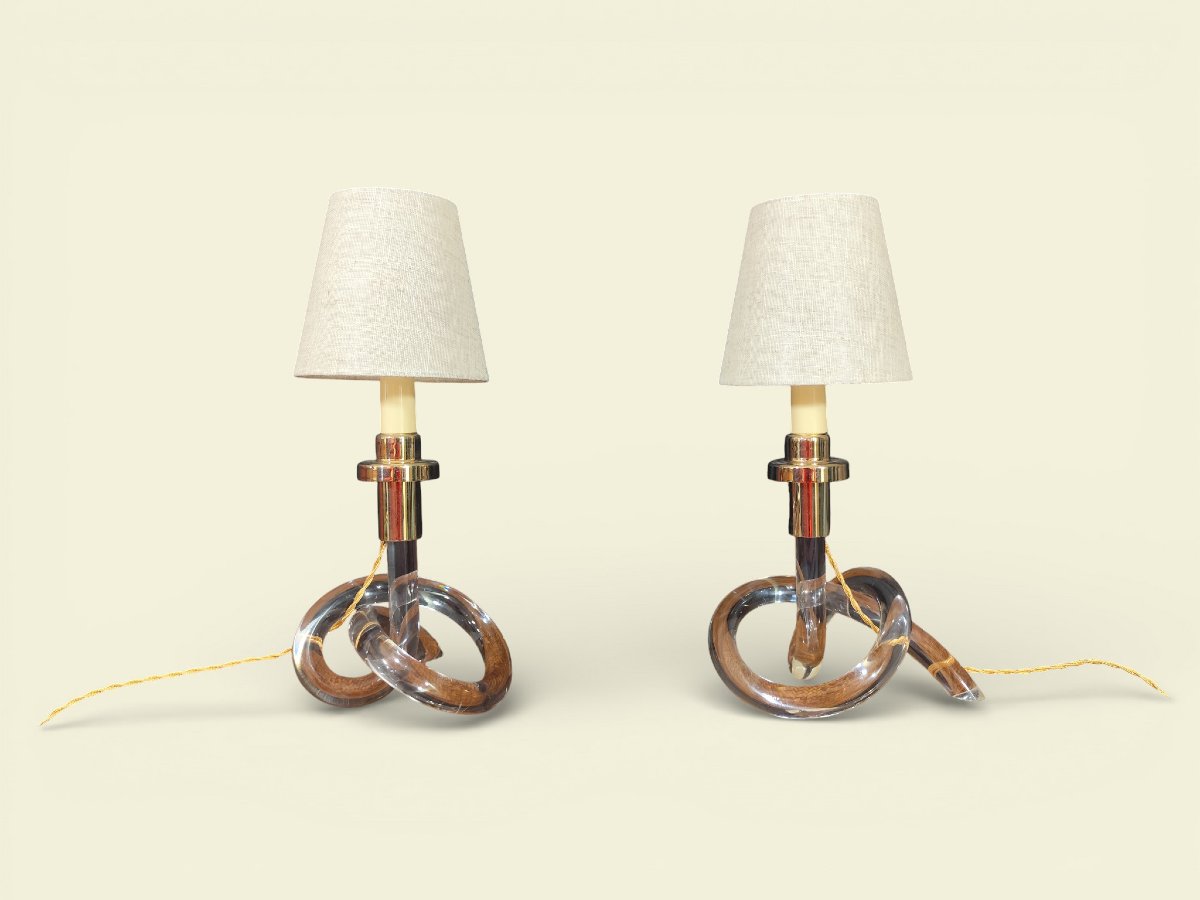 Pair Of "pretzel" Lamps In Lucite And Brass, By Dorothy Thorpe (1901-photo-1