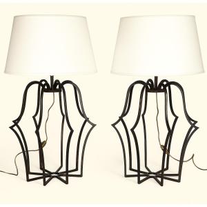 Grande Paire de Lampes "Cage" en Bronze Patiné - Attribuées / DLG de Jean Royère