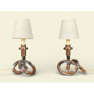 Pair Of "pretzel" Lamps In Lucite And Brass, By Dorothy Thorpe (1901