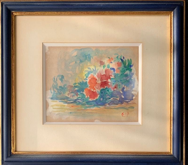 Henri Edmond CROSS (1856-1910) Aquarelle "buisson de fleurs"