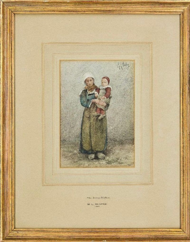 Mortimer L. MENPES ( 1855-1938) Aquarelle " Bretonne et sa fille " 