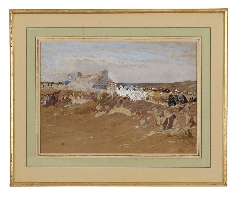 Henri Royer ( 1869-1938) Aquarelle " Procession en Bretagne"-photo-2