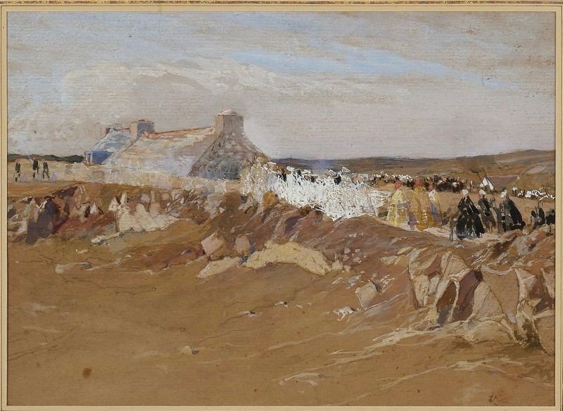 Henri Royer ( 1869-1938) Aquarelle " Procession en Bretagne"