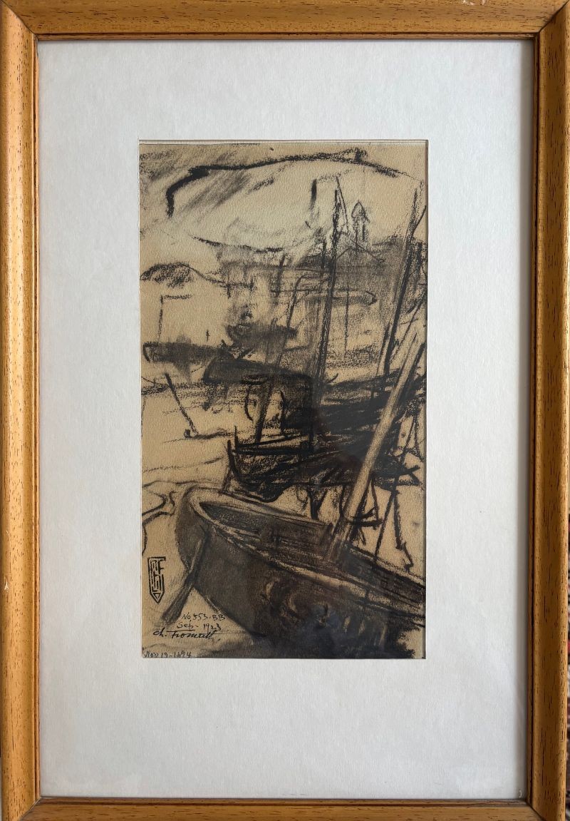 Charles FROMUTH (1866-1937) Dessin au fusain " Concarneau à marée basse " Bretagne