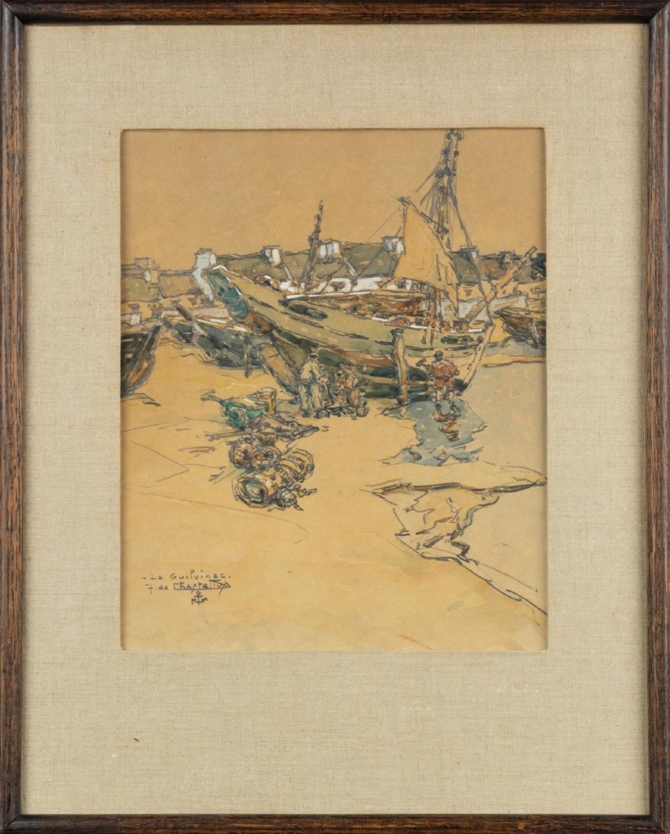 Jacques de CHASTELLUS  (1897-1954) Aquarelle  "Le port du Guilvinec" Bretagne