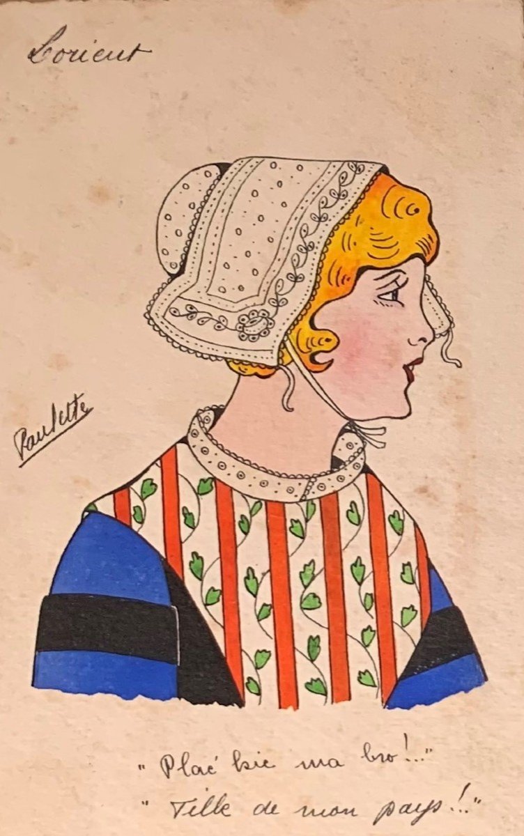 Paulette Le Corre ( 1898-?)  coiffe bretonne " Lorient - Aquarelle   