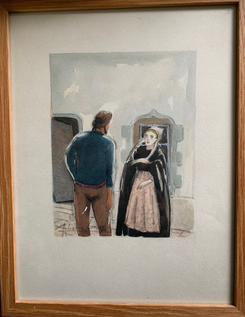 Pierre Abadie Landel (1896-1972). Watercolor "breton Couple In Paimpol"