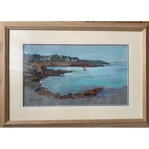 Lucien Seevagen (1887-1959) Gouache  " Vue De Cote En Bretagne"  